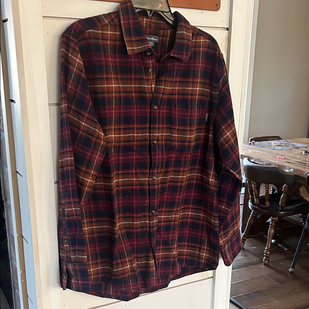 Eddie Bauer Men's Plaid Fleece Shirt - Red and Brown